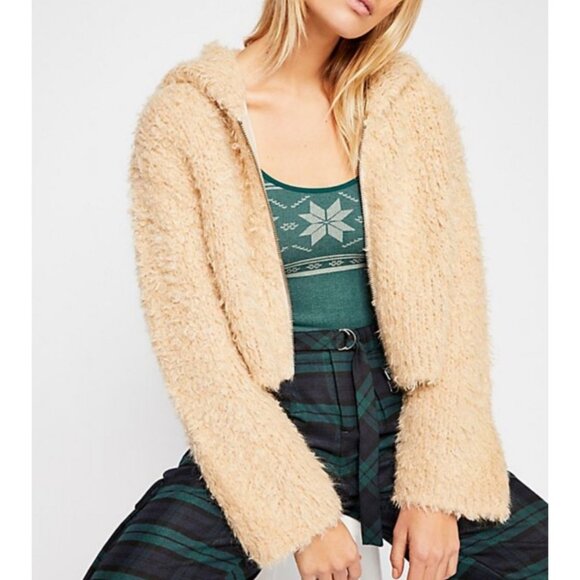 Free People Jackets & Blazers - NWOT Free People Cream Beige Cropped Teddy Bear Boho Enchanted Hoodie Jacket